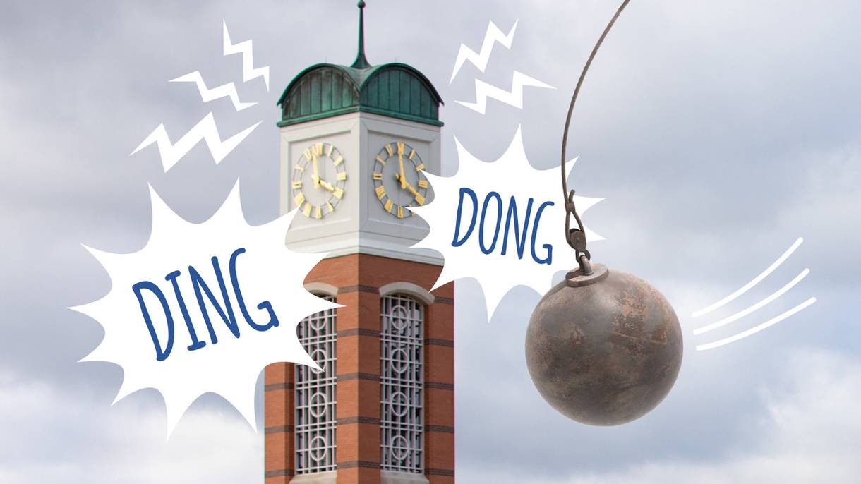 Clock tower with a wrecking ball